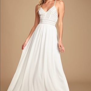 LULUS MEET ME IN MADRID WHITE BEADED MAXI DRESS